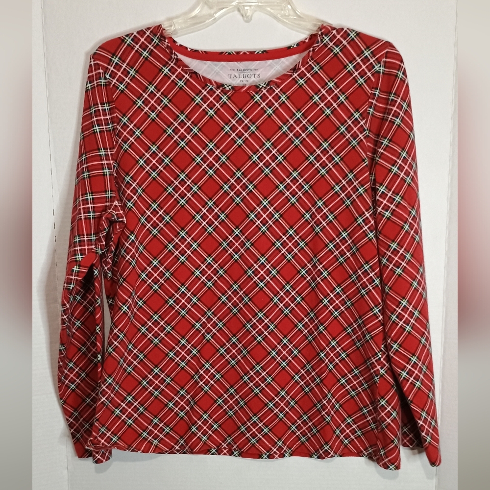 Talbots Women's Red and White Plaid Sweatshirt Size Large Petite